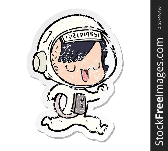 Distressed Sticker Of A Cartoon Astronaut Woman