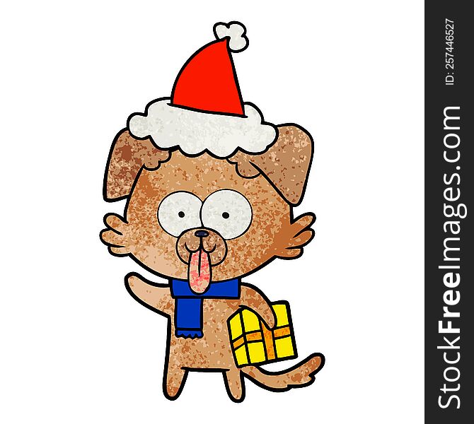 Textured Cartoon Of A Dog With Christmas Present Wearing Santa Hat