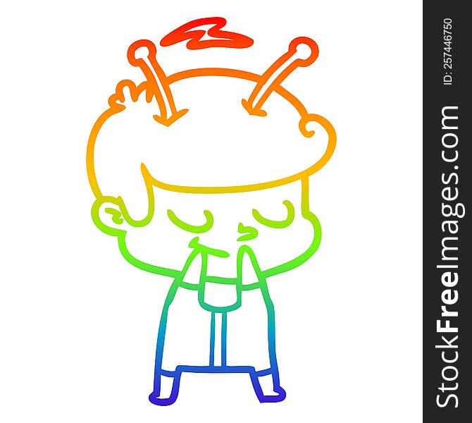 rainbow gradient line drawing of a self conscious cartoon spaceman