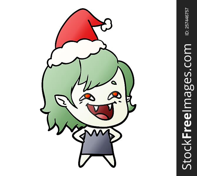 hand drawn gradient cartoon of a laughing vampire girl wearing santa hat