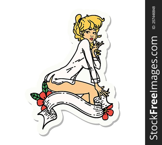 sticker of tattoo in traditional style of a pinup girl wearing a shirt with banner. sticker of tattoo in traditional style of a pinup girl wearing a shirt with banner