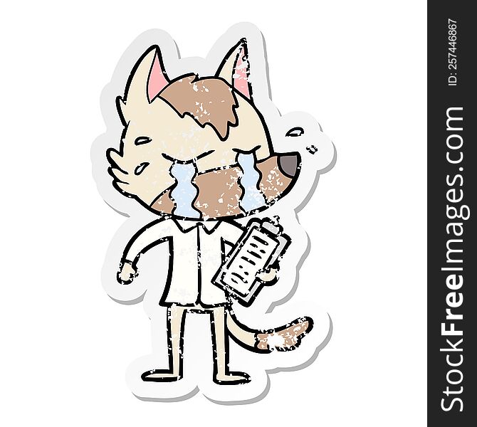 distressed sticker of a cartoon crying wolf wearing work clothes