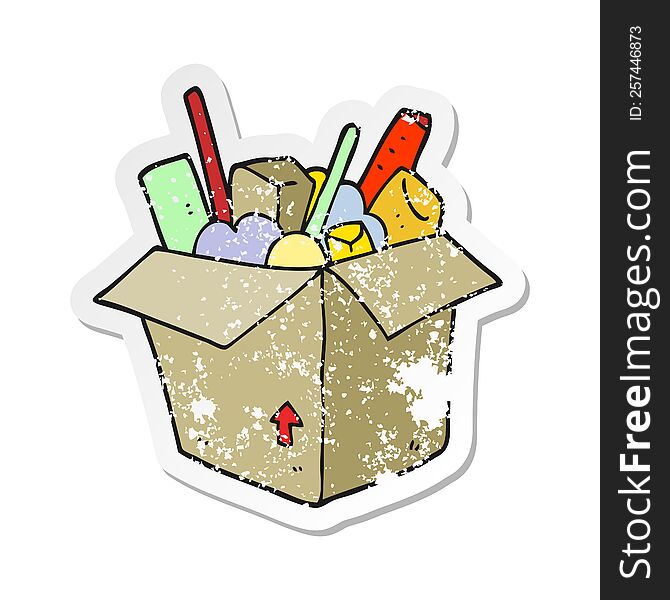 retro distressed sticker of a cartoon box of things