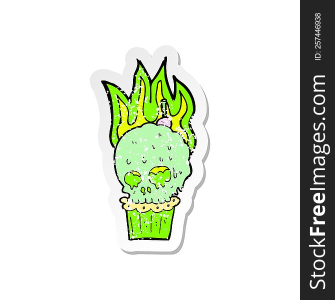 retro distressed sticker of a cartoon spooky skull cupcake