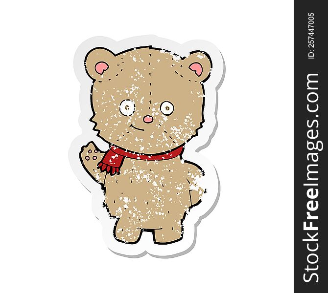 Retro Distressed Sticker Of A Cartoon Waving Teddy Bear