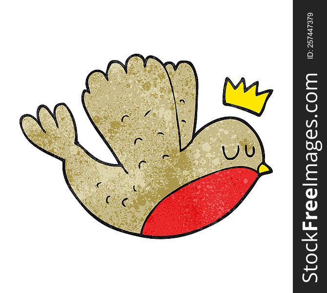 freehand textured cartoon flying christmas robin with crown