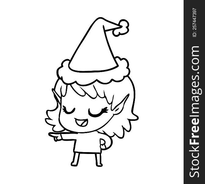 Happy Line Drawing Of A Elf Girl Pointing Wearing Santa Hat