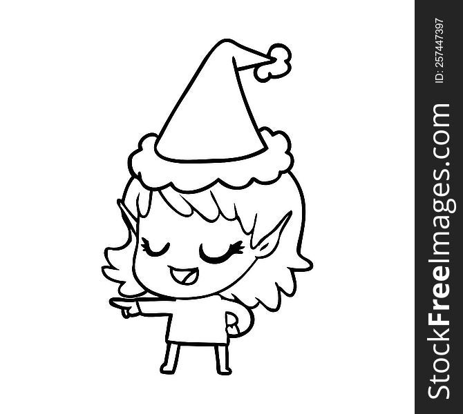 happy hand drawn line drawing of a elf girl pointing wearing santa hat. happy hand drawn line drawing of a elf girl pointing wearing santa hat