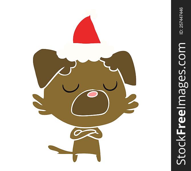 hand drawn flat color illustration of a dog wearing santa hat