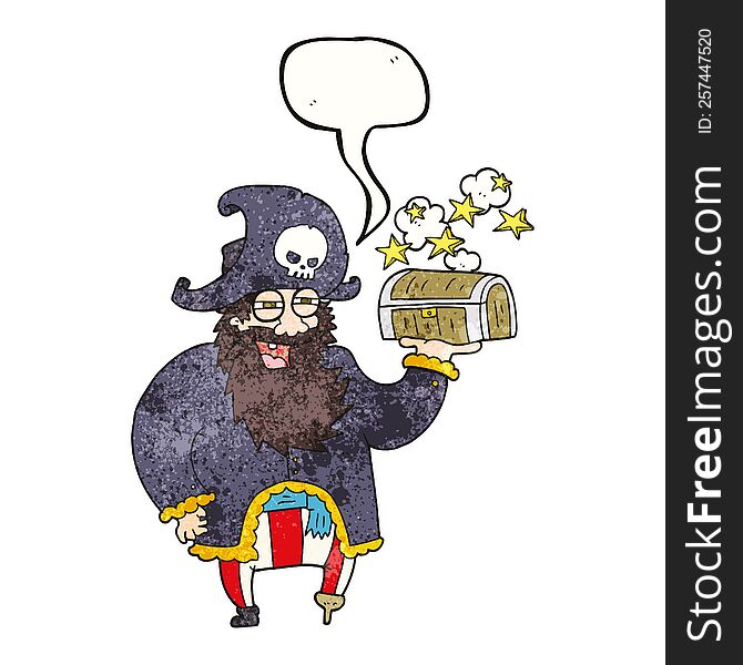 Speech Bubble Textured Cartoon Pirate Captain With Treasure Chest