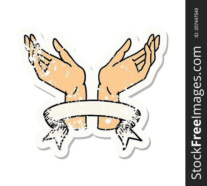 Grunge Sticker With Banner Of Open Hands