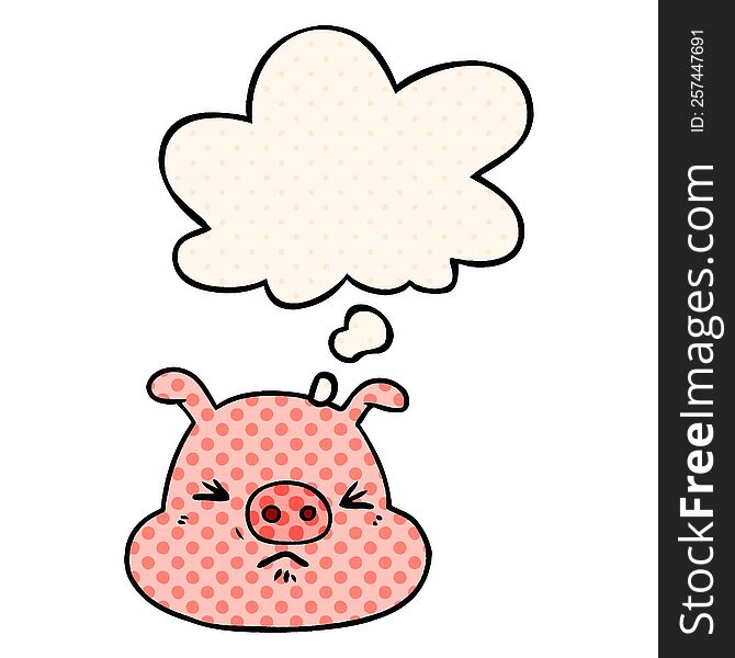 cartoon angry pig face with thought bubble in comic book style
