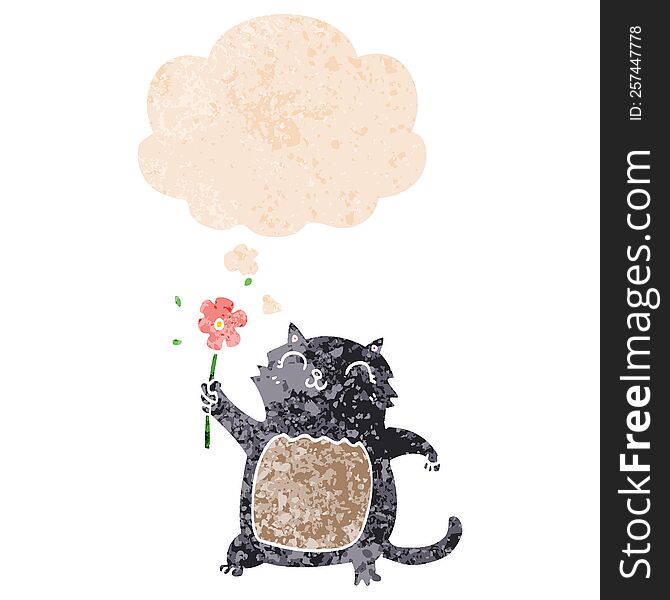 cartoon cat with flower with thought bubble in grunge distressed retro textured style. cartoon cat with flower with thought bubble in grunge distressed retro textured style