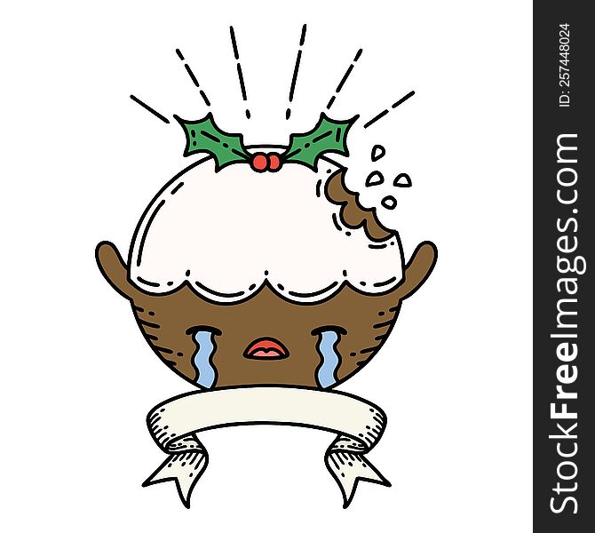 Banner With Tattoo Style Christmas Pudding Character Crying