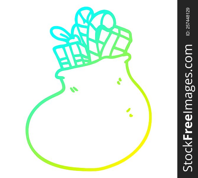 cold gradient line drawing of a cartoon bag of christmas presents