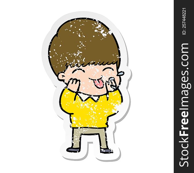 Distressed Sticker Of A Cartoon Boy Blowing Raspberry