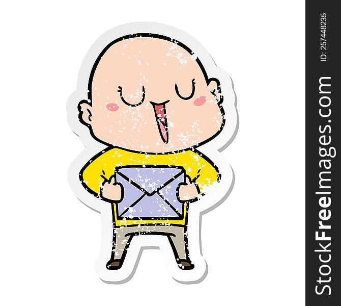 distressed sticker of a happy cartoon bald man with package