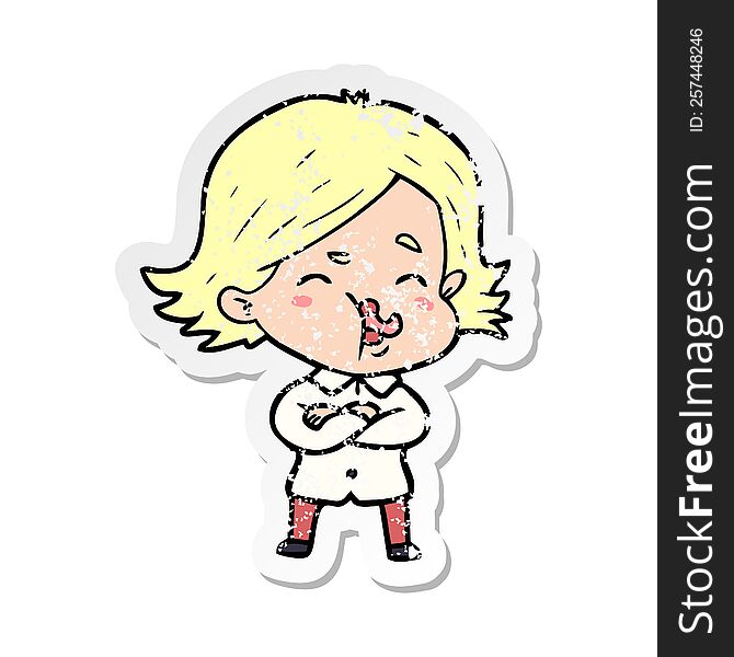 distressed sticker of a cartoon girl pulling face