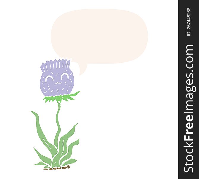 cartoon thistle with speech bubble in retro style