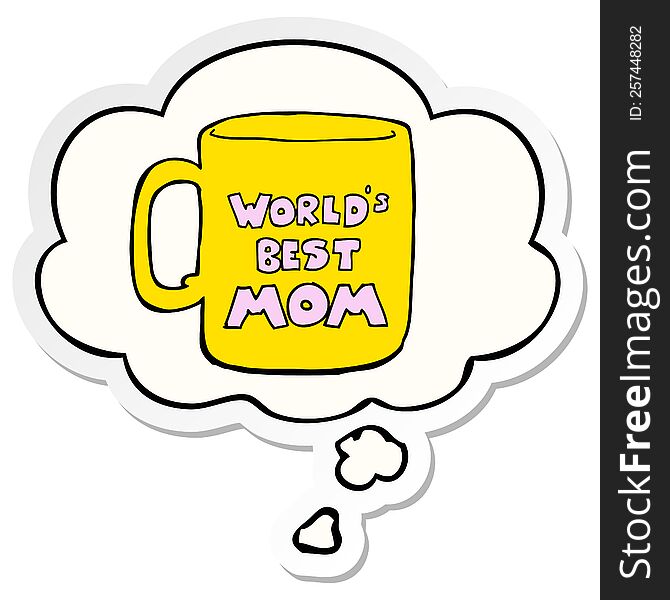 worlds best mom mug with thought bubble as a printed sticker