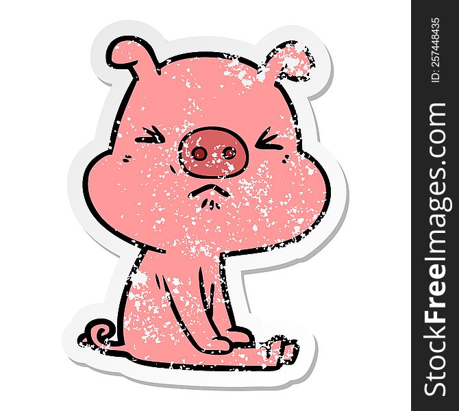 distressed sticker of a cartoon angry pig sat waiting