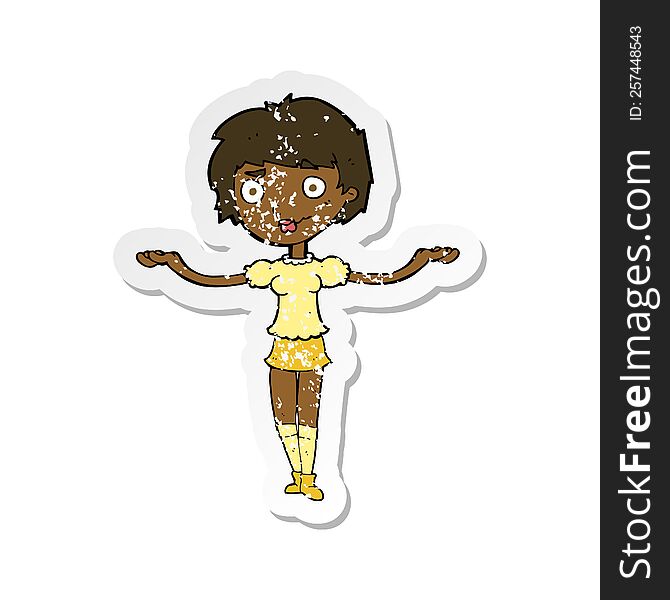 Retro Distressed Sticker Of A Cartoon Woman Spreading Arms