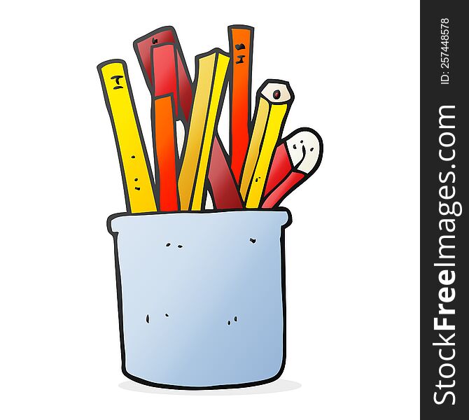 freehand drawn cartoon desk pot of pencils and pens