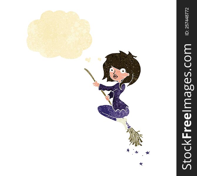 Cartoon Witch Riding Broomstick With Thought Bubble