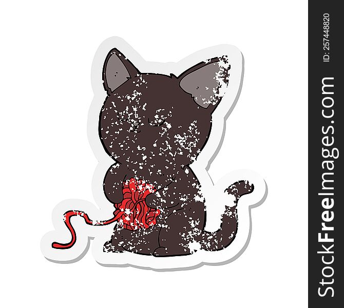 Retro Distressed Sticker Of A Cartoon Cute Black Cat Playing With Ball Of Yarn