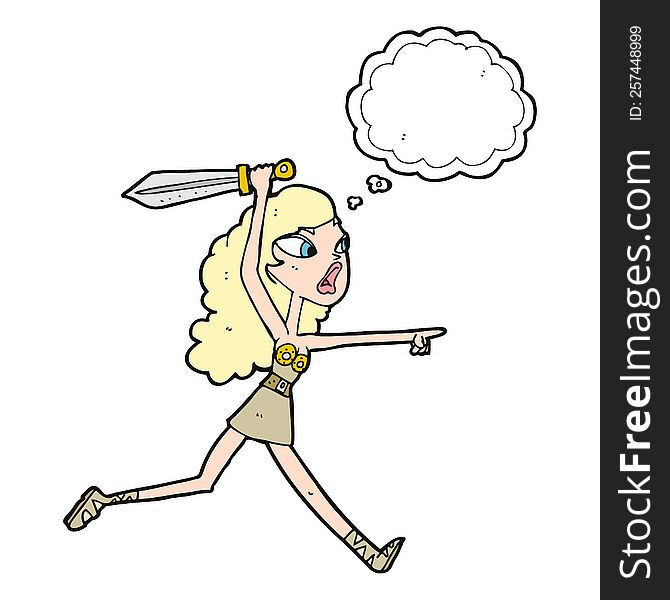 cartoon viking girl with sword with thought bubble