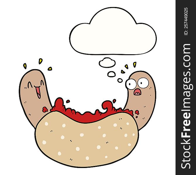 cartoon hotdog with thought bubble. cartoon hotdog with thought bubble
