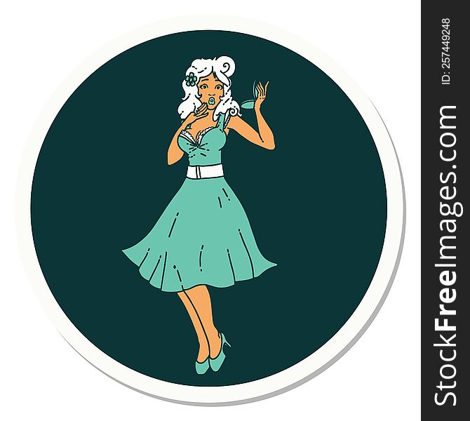 sticker of tattoo in traditional style of a pinup surprised girl. sticker of tattoo in traditional style of a pinup surprised girl