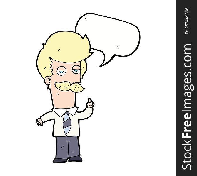 cartoon mna with mustache explaining with speech bubble