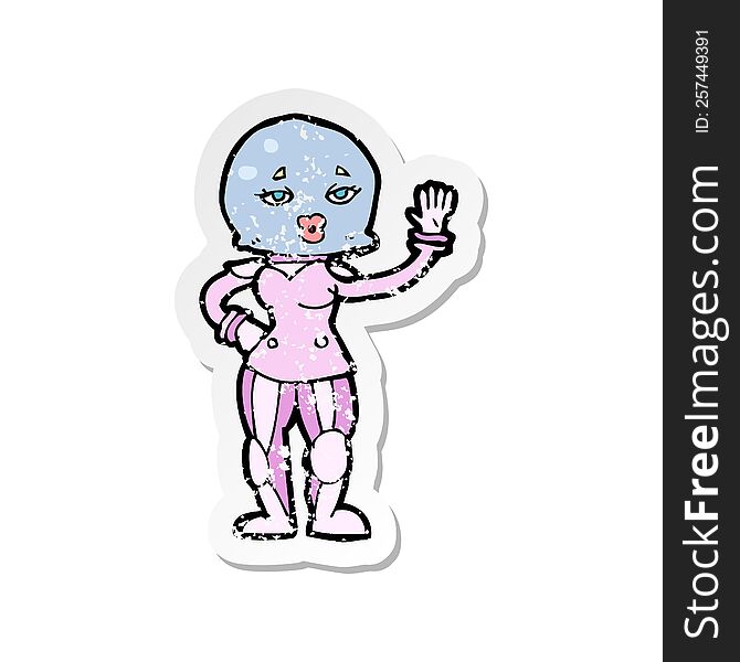 Retro Distressed Sticker Of A Cartoon Female Astronaut