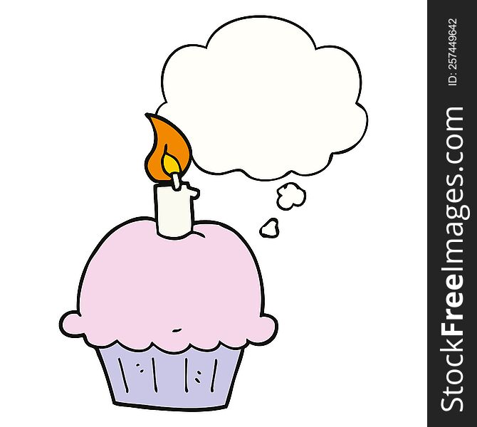 cartoon birthday cupcake with thought bubble. cartoon birthday cupcake with thought bubble