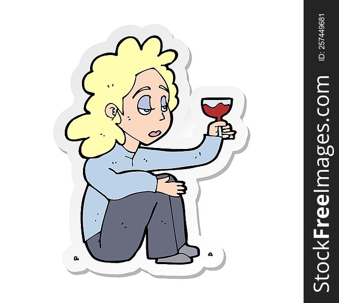 sticker of a cartoon unhappy woman with glass of wine