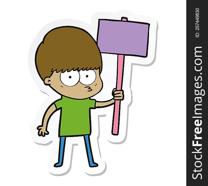 Sticker Of A Nervous Cartoon Boy Holding Placard