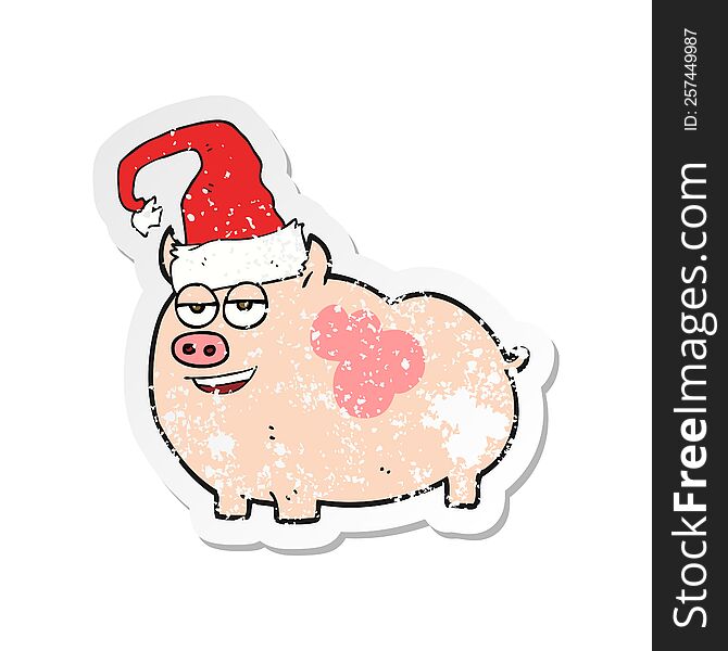 Retro Distressed Sticker Of A Cartoon Christmas Pig