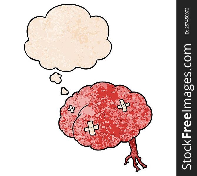 Cartoon Injured Brain And Thought Bubble In Grunge Texture Pattern Style