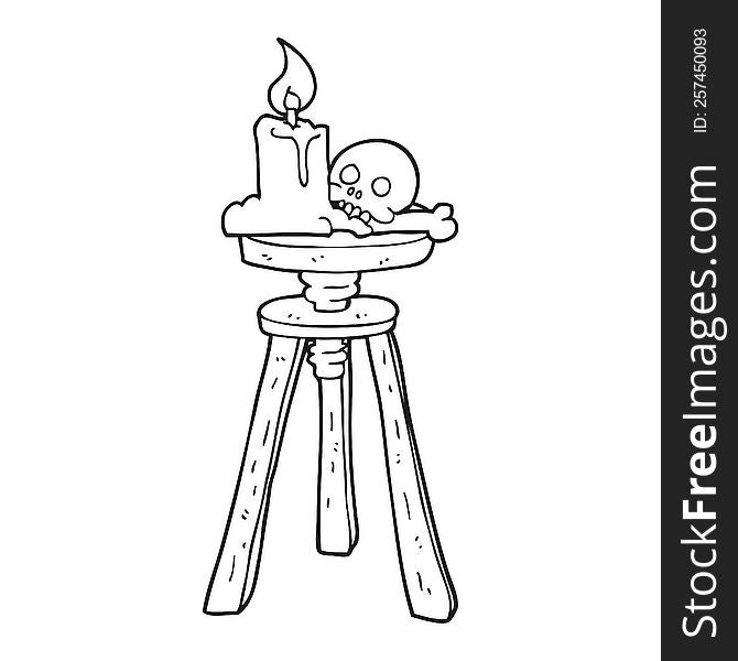 freehand drawn black and white cartoon spooky skull and candle