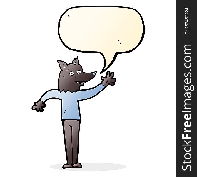 Cartoon Waving Wolf Man With Speech Bubble