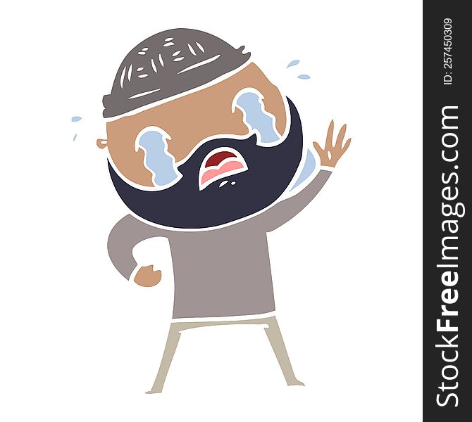 Flat Color Style Cartoon Bearded Man Waving And Crying