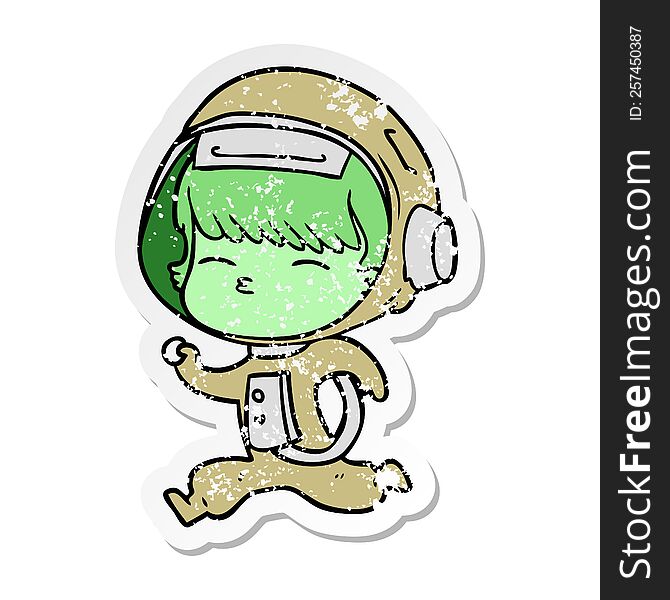 Distressed Sticker Of A Cartoon Curious Running Astronaut