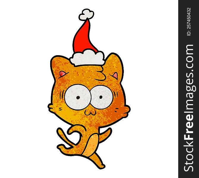 Textured Cartoon Of A Surprised Cat Running Wearing Santa Hat