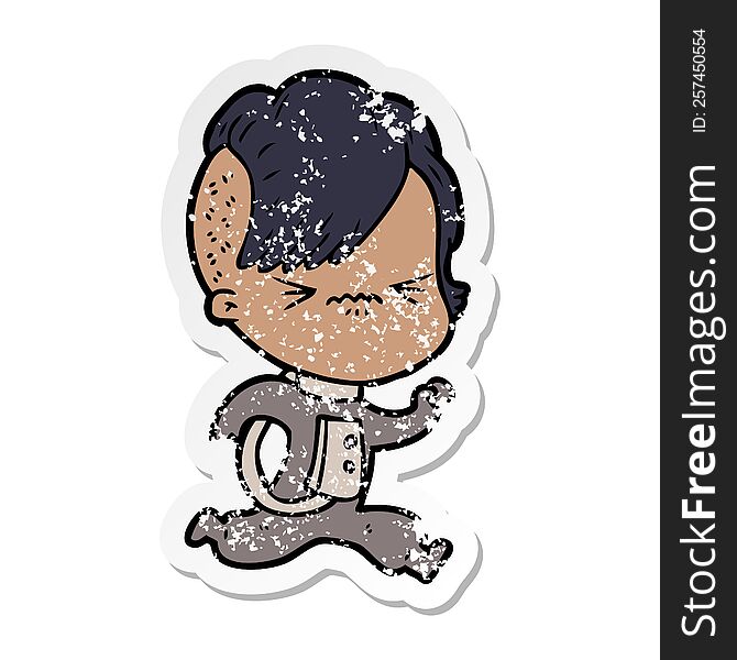 distressed sticker of a cartoon annoyed hipster girl wearing space suit