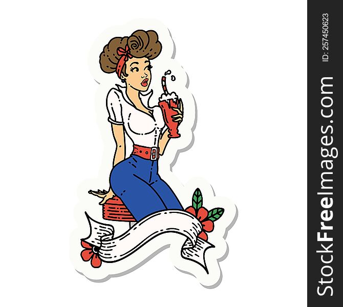 sticker of tattoo in traditional style of a pinup girl drinking a milkshake with banner. sticker of tattoo in traditional style of a pinup girl drinking a milkshake with banner