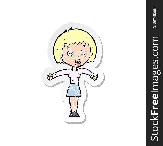 Retro Distressed Sticker Of A Cartoon Woman Shrugging Shoulders