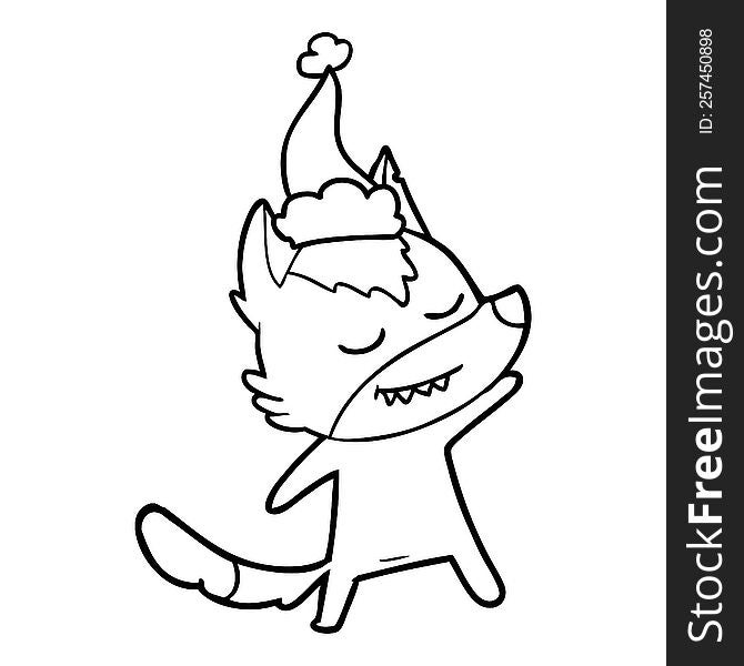 Friendly Line Drawing Of A Wolf Wearing Santa Hat