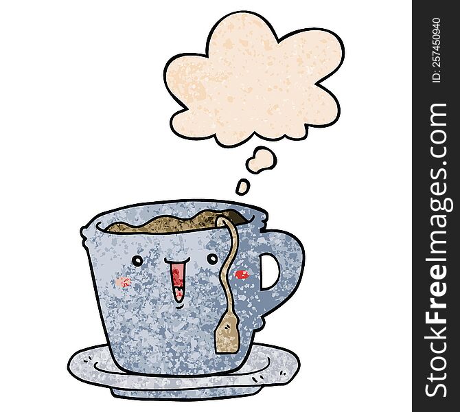 cute cartoon cup and saucer and thought bubble in grunge texture pattern style