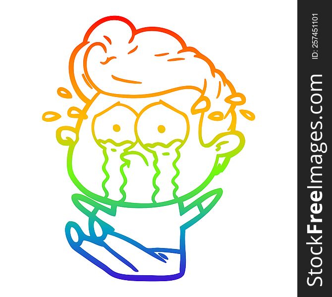 rainbow gradient line drawing cartoon crying man sat on floor